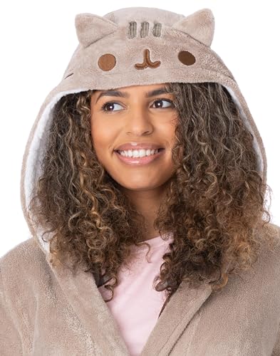 Pusheen Die Katze Morgenmantel Damen | Damen Neuheit Braune Nachtwäsche Robe | Cartoon Katze mit 3D Ohren Charakter Bademantel | Pusheen Merchandise Geschenke