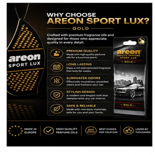 Image of AREON Sport Lux GOLD - Hanging Cardboard Air Freshener for Car, Home & Office - Premium Cologne Perfume with Natural Fragrances - Long Lasting, Fresh, Luxurious Scent - Stylish Design, Pack of 3