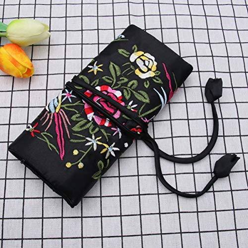 jojofuny-Jewelry-Roll-Silk-Jewellery-Roll-Wrap-Embroidery-Brocade-Jewellery-Bag-Roll-Jewelry-Pouch-Organizer-Travel-Storage-Case-Makeup-Organizer-Black