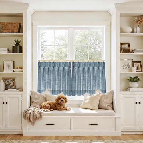 Image of TWOPAGES 42 inch inch W x 36 inch inch L Linen Blend Cafe Curtains for Kitchen Window, Light Filtering Pinch Pleated Tier Curtains, Modern Farmhouse Half Window Curtains for Bathroom, Aegean Blue, 2 Panels