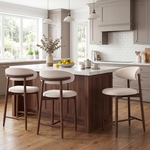 Image of MALOL Counter Height Bar Stools Set of 3, Kitchen Bar Stools with Back, Mid Century Modern Upholstered Barstools with Wood Legs for Kitchen Island Dining Room, Beige