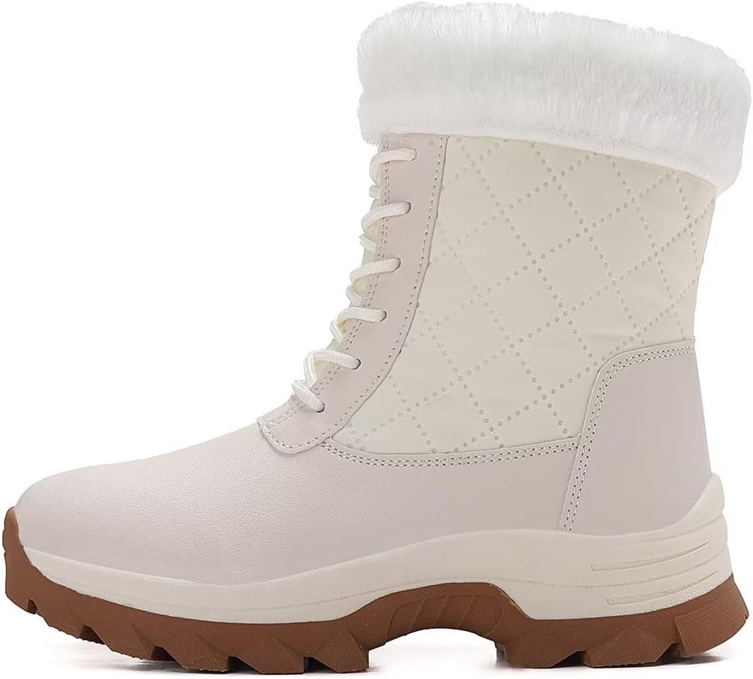 GSLMOLN Women's Waterproof Snow Boots, Mid-Calf Fur Lined Non-Slip Warm Boots for Winter Hiking Walking in Cold Weather