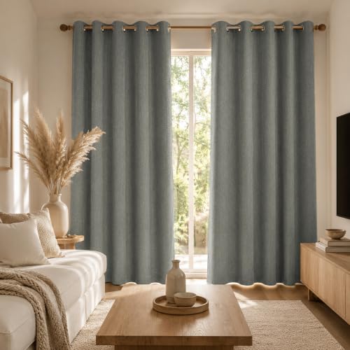 Image of LINENWALAS 100% Blackout Curtains for Long Door (9 Feet) - Set of 2 Panels, Herringbone Linen Texture Complete Light Block, Thermal Insulated & Noise Reducing Room Darkening Drapes (Light Grey)