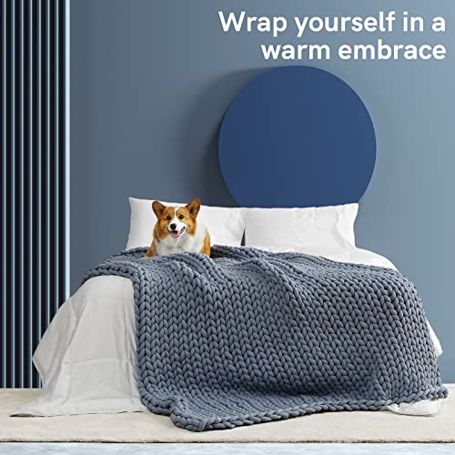 YnM Knitted Weighted Blanket, Hand Made Chunky Knit Weighted Throw Blanket for Sleep or Home Décor (Denim Blue, 80x87 Inch, 25lbs)
