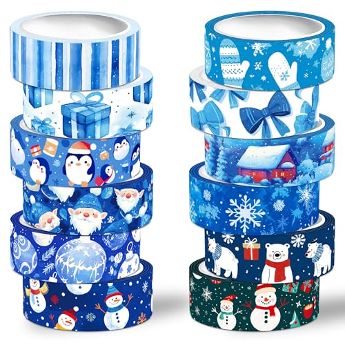 Winter Washi Tape Set,12 Rolls Blue Snowman Holiday Decorative Tape Xmas Ball Gnome Penguin Gift Masking Tape for Journaling Supplies, Journal, Scrapbooking, DIY Arts & Crafts, Gift Wrapping