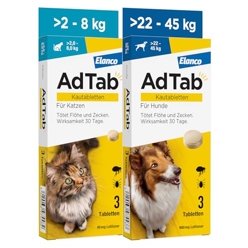 AdTab Kombi-Set: Zecken- & Flohschutz für eine Katze mit >2-8 kg und einen Hund mit >22-45, 2 Packungen mit je 3 Kautabletten, einfach zu verabreichen & schmackhaft