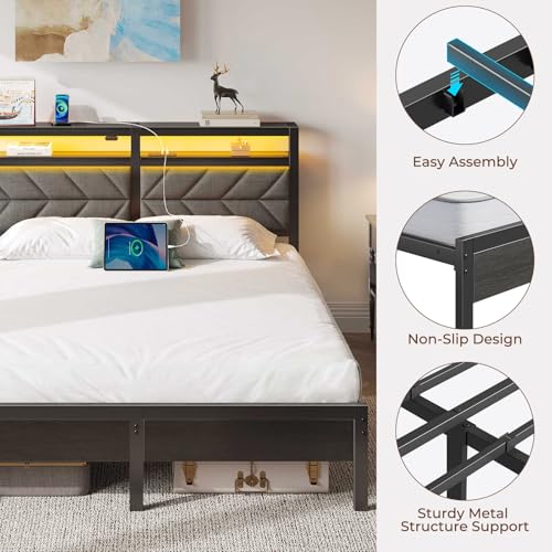 Seventable Bed Frame Queen Size with Charging Station, LED Bed with Upholstered Storage Headboard, Metal Platform Bed with Under Bed Storage, No Box Spring Needed, Noise Free, Easy Assembly, Grey