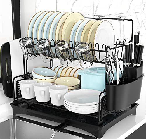 Wahopy Extra Large Dish Drying Rack - 2 Tier Dish Drying Rack With Drainboard For Kitchen Counter, Stainless Steel Dish Drying Rack With Cups, Forks, Knives, Utensil Holder #TOP7