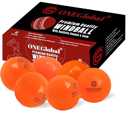 ONEGlobal Premium Windball Soft Cricket Ball | Durable, Embossed Seam, True Bounce & Swing | Wind Ball Cricket Balls for Outdoor & Indoor Practice, Coaching, Garden & Beach Games (6-ORANGE)