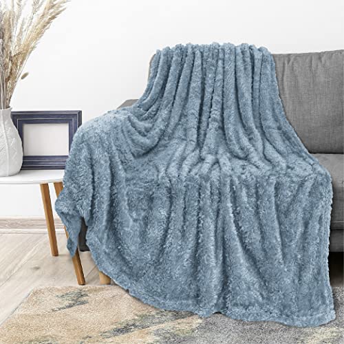 Pavilia Plush Sherpa Throw Blanket For Couch Sofa | Soft Fluffy Shaggy Fleece Blanket | Fuzzy, Cozy, Warm Microfiber Throw Solid Blanket, Dusty Slate Blue, 60X80, Twin Bed #TOP18