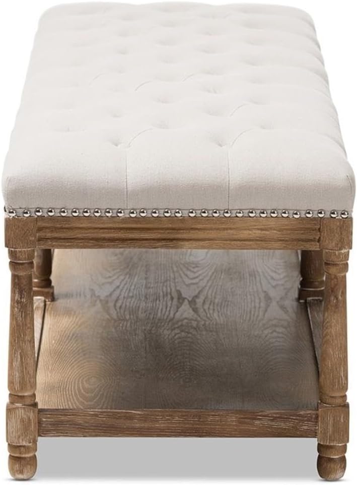 BOWERY HILL Bedroom Bench, 57.48 in Wide, Beige Linen Upholstery and Oak Frame, Button Tufted Design, Carved Woodwork, French Country Ottoman for Seating or Footstool Use, Rustic Accent Furniture