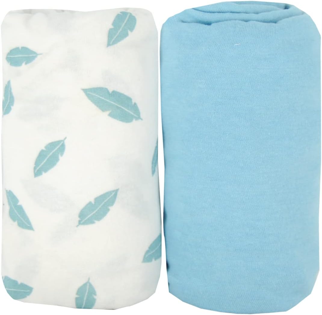 BabyCalin Lot de 2 draps housse 70x140 cm Bleu/Plumes – 100% coton certifié OEKO-TEX, doux et résistant - Image détaillée
