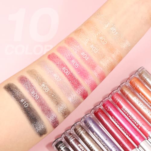 LANGMANNI 10 Colors High Shine Lipgloss Set,Long Lasting Diamond Gliter Shimmer Liquid Lipstick Set,Hydrating,Moisturizing Lip Gloss Kit Gift Makeup For Girls (SET A) - Image 4