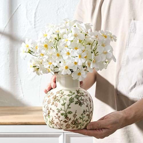 Jarrón antiguo verde y beige, diseño floral chinoiserie de 14,9 cm, jarrón rústico de cerámica para decoración del hogar, sala de estar, estantería, oficina, entrada, decoración grand millennial - imagen 3