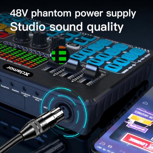 Image of Xclamor 48V Phantom Power Professional Sound Card & Audio Mixer for Live Streaming & Home Recording Studio with BT, 4 Voice Change Modes, DeNoise, 2 Condenser Mic Inputs, Output PC & Dual Mobile