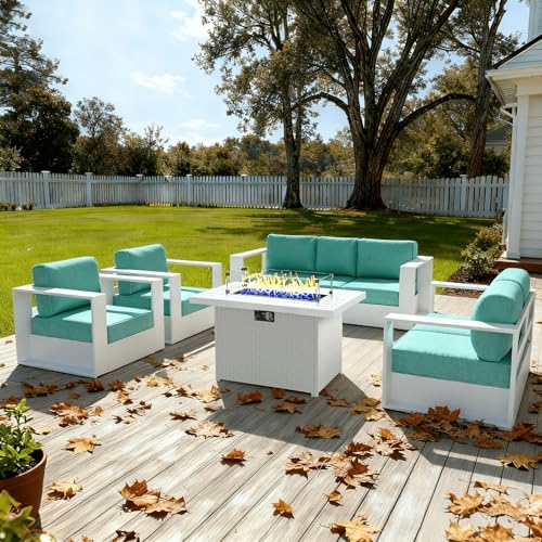 Image of LayinSun Oversized Aluminum Outdoor Furniture Set, 4 Piece Patio Sofa Sets with Fire Pit Table, Deep Seating and Upgraded 6-inch Cushions for Porch, Balcony, Deck
