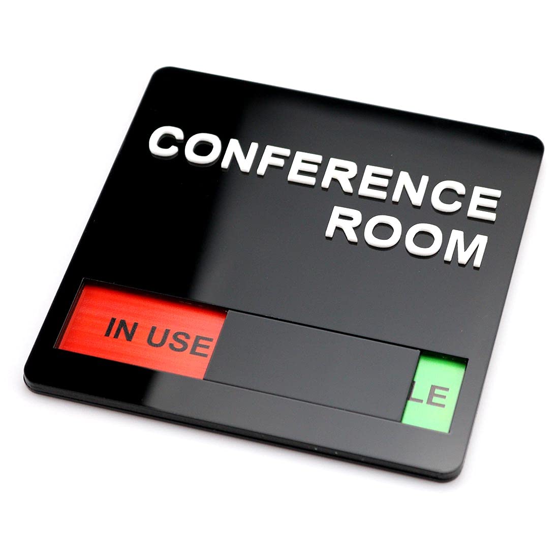 6" x 6" Sliding Conference Room Sign Conference Room Sign with Slider for Dual Messages Room Status (IN USE or AVAILABLE) Black Glossy Face White Raised Lettering (Conference Room Sign)