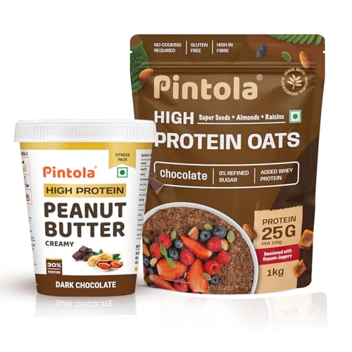Image of Pintola Fitness Combo: High Protein Chocolate Flavour Creamy Peanut Butter 510g, Added WHEY Protein, 6.2g Fiber, Gluten Free, No Trans Fat & 25g High Protein Dark Chocolate Oats 1kg, No refined sugar