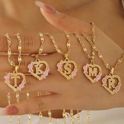 18k Plate Gold Initial Heart Necklace For Women Heart Flower Letter Pendant For Girl Alphabet Name Jewelry Gift For Women Her2