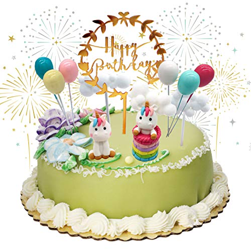 KiraKira Unicorn Cake Toppers, Unicorn Cake Decoration, decoración de Pastel de Unicorn, Happy Birthday Balloon Banner, Rainbow Cloud Unicorn Cake Decoration Toppers Kit (Juego de 12)