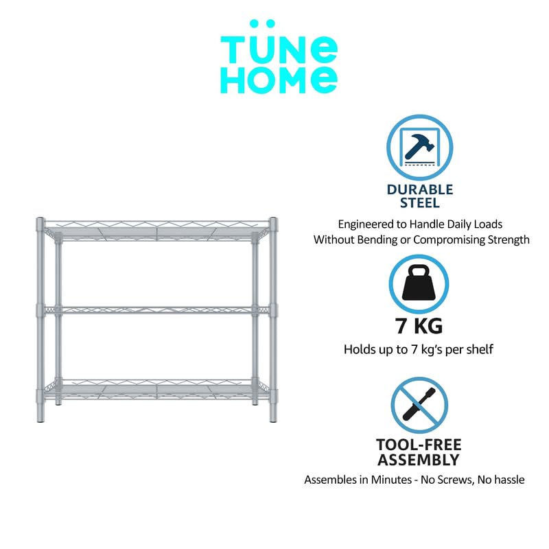 Image of 3-Shelves Counter Top Heavy Duty Steel Storage Rack | Multipurpose Shelving Unit for Kitchen, Home & Utility