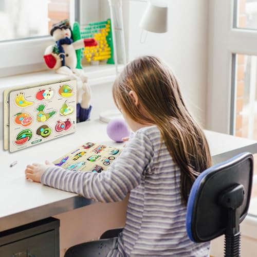 Image of Lefan Wooden Puzzle Combo Set for Kids Vehicle, Fruit & Animal Knob Puzzles Montessori Educational Toy for Toddlers 2 Years+ Fine Motor Skill Learning Wooden Board Toy Gift