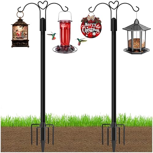 Ottsuls Bird Feeder Pole, 2 Pack 76 INCH Double Shepherds Hooks for Outdoor, with 5 Base Prongs Heavy Duty Tall Garden Planter Hooks for Hanging Flower Basket, Lantern, Hummingbird Feeder