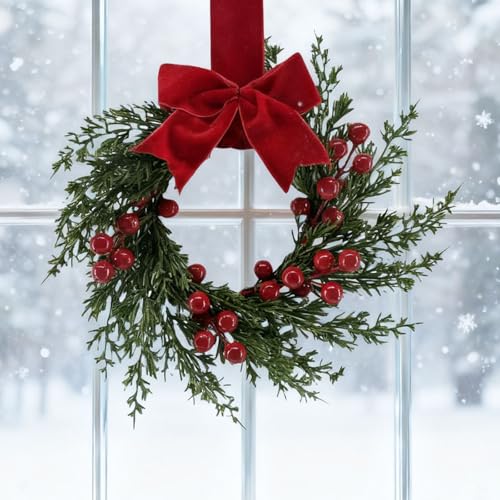 11.8 Inches Red Berry Christmas Wreath with Bow for Window Wall Door Decor - image 3