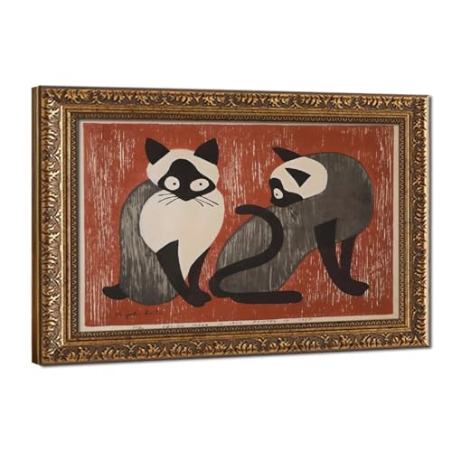Estampe japonaise de chats sur toile de qualité supérieure et suspension bois