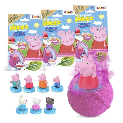 INKEE Surprise – Juego de 3 bombas de baño Peppa Pig para niños, con sorpresa, juguete Peppa Pig para la bañera, con aroma a fresa y efecto de espuma