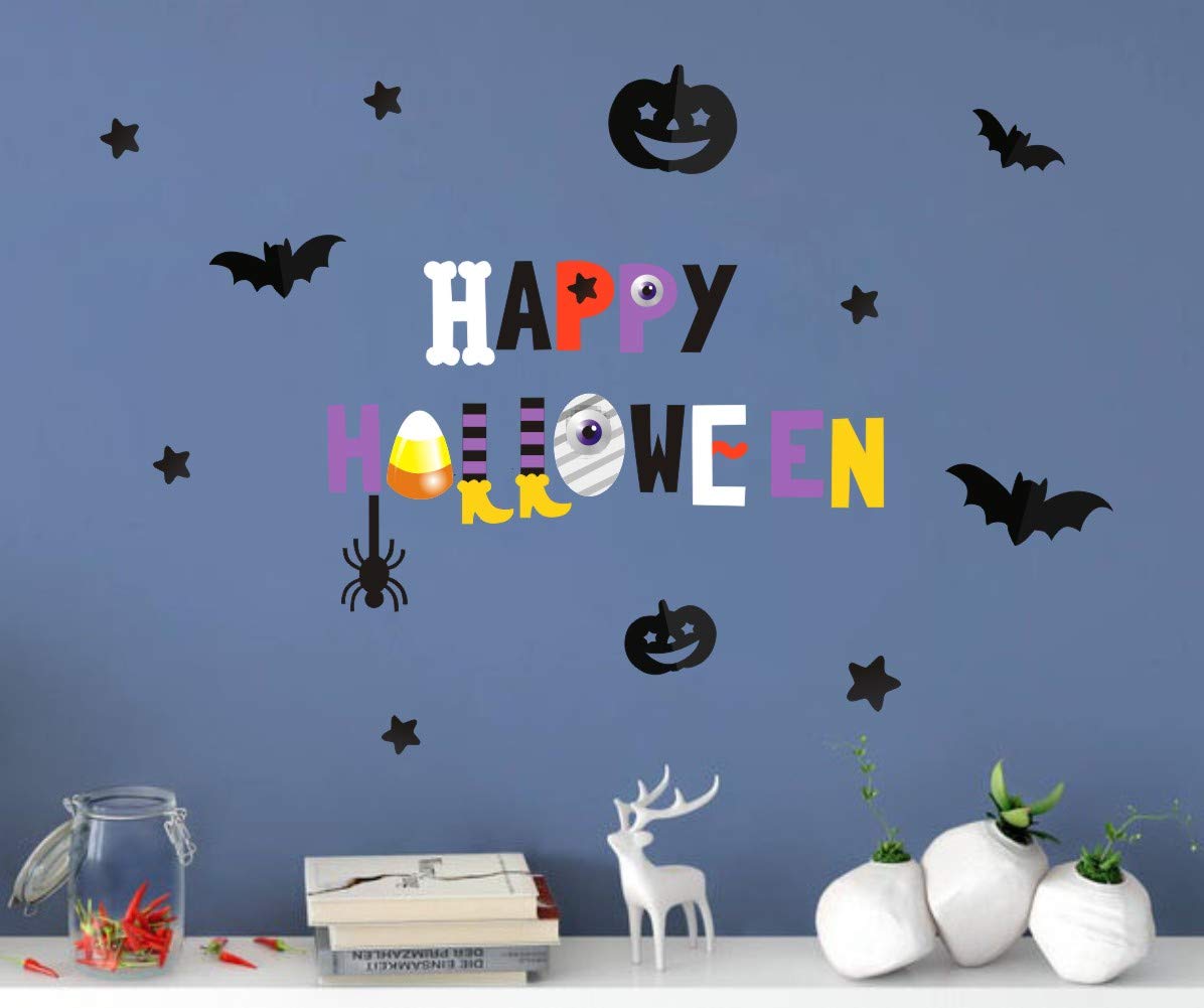 Colorful Happy Halloween Quote Wall Decal, Bat Pumpkin Eyeball Wall Sticker for Bedroom Halloween Party Decoration