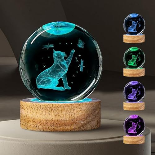 Image of 3D Crystal Ball Lamp with 16 Colors Changing LED Wooden Base - Solar System Night Light, Galaxy Lamps, Galaxy Crystal Ball Light with USB (16 Color Hand Cat)