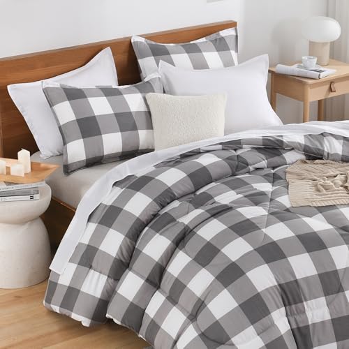 Image of Andency Plaid Comforter Full(79x90Inch), Gray White Checkered Gingham Buffalo Bed Set for Boys Teens, Lightweight Bedding, 3 Pieces(1 Comforter & 2 Pillowcases)