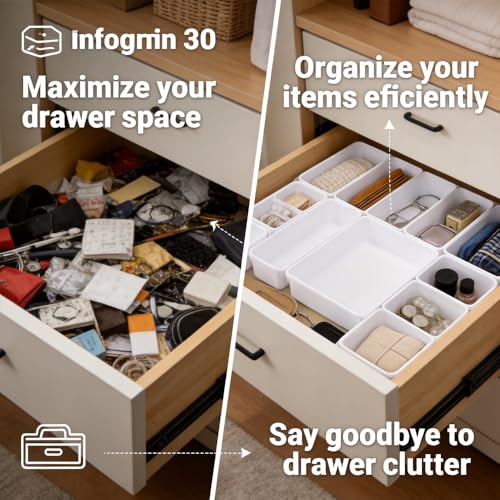 Drawer Organiser 8Pcs Interlocking Plastic Storage Trays, 3 Sizes Drawer Dividers Tidy Trays, White For Kitchen Office Desk Makeup Bathroom Jewellery Stationery - Image 6