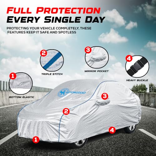 Image of Hyundai Xcent 100% Waterproof Car Cover for All Weather Protection with Mirror & Antena Pocket Inner Cotton Triple Stitched Cover with Adjustable Belt Bottom Elastic to Secure Fit - SRED