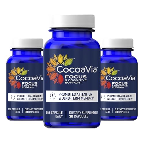 CocoaVia Memory & Focus Brain Supplement 90 Day Cocoa Flavanol Blend Lutein Added Caffeine for Boost. Improve Cognitive Function Attention Vegan & Plant Based 90 Capsules