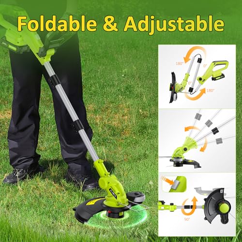 Electric String Trimmer Cordless with 2x2.0Ah Battery, 20V Weed Wacker Weed Eater with Charger, 12-inch Lawn Mover & Edger Lawn Tool, Powered Grass Trimmer with 8pcs Spool Line for Yard, Garden, Green - Image 5