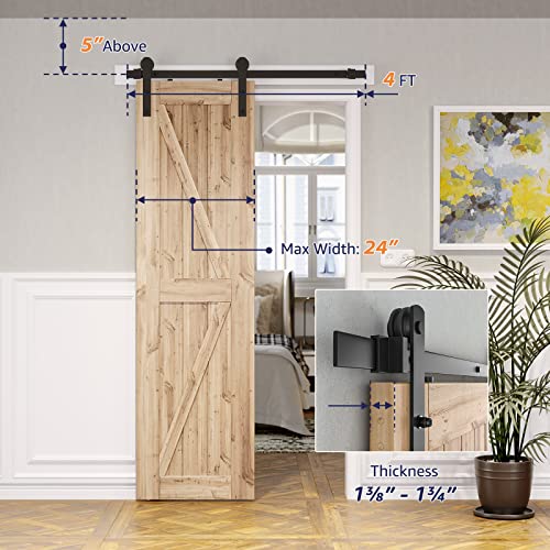 Image of SMARTSTANDARD 4ft Sliding Barn Door Hardware kit, Fit 24 inch Wide Door Panel