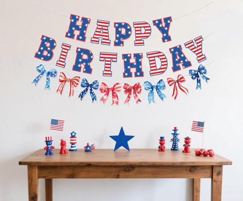 Image of Bow Patriotic Happy Birthday Banner,4th /Fourth of July Decorations, Red White and Blue Independence Day Birthday Garland, Memorial Day Decorations for Indoor Outdoor