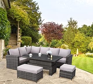 GOODS EMPORIUM 9 Seater Rattan Garden Furniture Set with Height Adjustable Rising Table - Outdoor Furniture Rattan Corner Sofa - FREE COVER INCLUDED (Dark Grey Mixed with Light Grey Cushions)