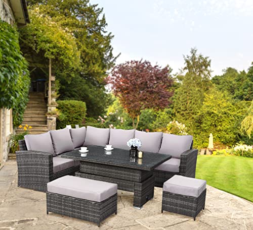 GOODS EMPORIUM 9 Seater Rattan Garden Furniture Set with Height Adjustable Rising Table - Outdoor Furniture Rattan Corner Sofa - FREE COVER INCLUDED (Dark Grey Mixed with Light Grey Cushions)
