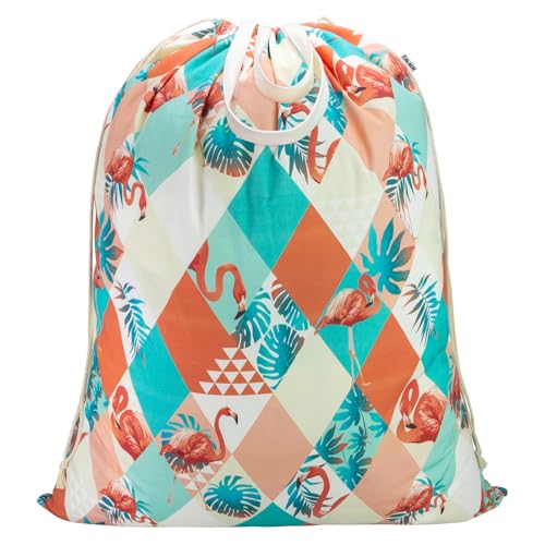 Canvas Laundry Bag with Handles & Drawstring, XL 33"Wx 35"H, Pink Flamingo