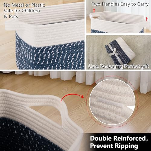 Image of OIAHOMY Cotton Rope Storage Baskets for Organizing White Blue 3-Pack