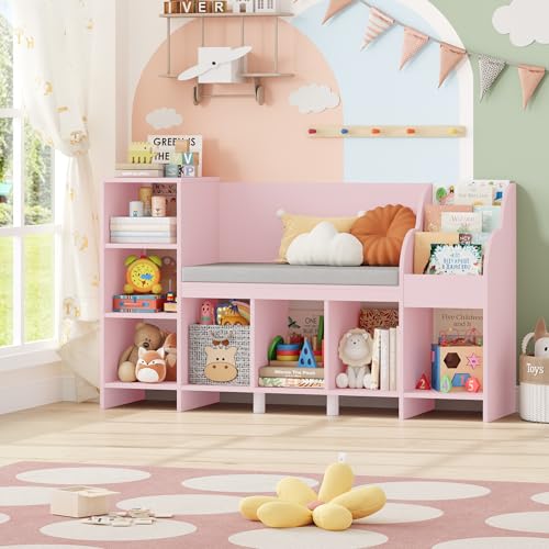 HOCSOK Estantería infantil, 138,5 cm, estantería para niños con cojín y 7 estantes, estantería para juguetes para habitación infantil, sala de juegos, guarderías, color rosa, 80 × 40 × 138,5 cm