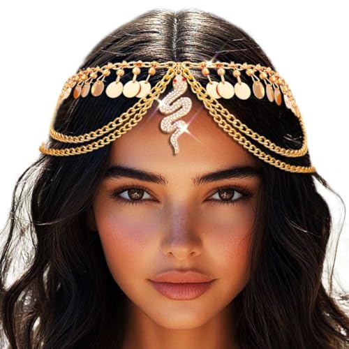 JAKAWIN Egyptian Headpiece Gold Sequin Head Chain Jewelry Snake Hair Accessories for Women