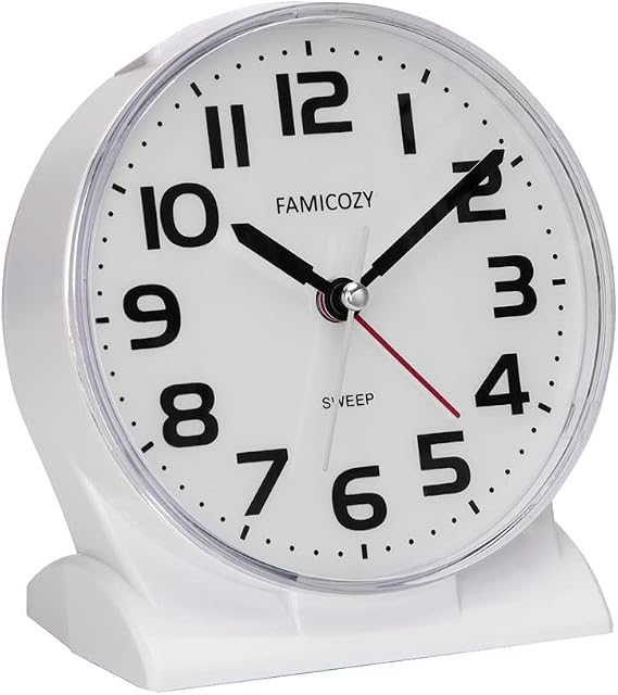 FAMICOZY Silent No Ticking Analog Alarm Clock,Readable for Seniors Vision Impaired,Easy to Set,Gradual Rise Alarm,Snooze,Gentle Wake,Soft backlight,Battery Operarted,White