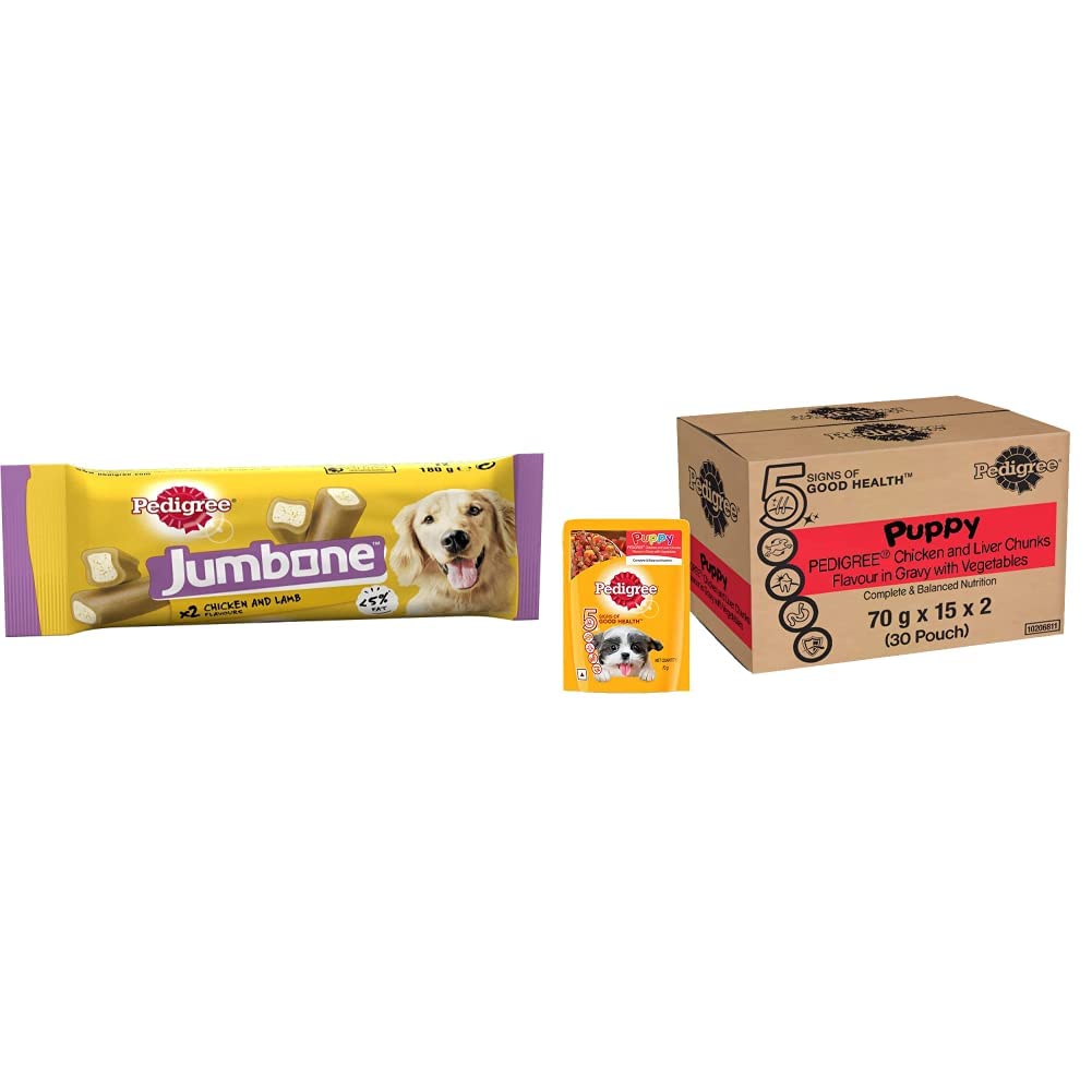Pedigree Jumbone Treat for Dog, Chicken & Lamb Flavour, 12 Packs (12 x 180g)&Pedigree Wet Food for Puppy, Chicken and Liver Chunks Flavour in Gravy with Vegetables, 30 Pouches (30 X 70 g) (B0BP5CDFTM) Amazon Price History, Amazon Price Tracker