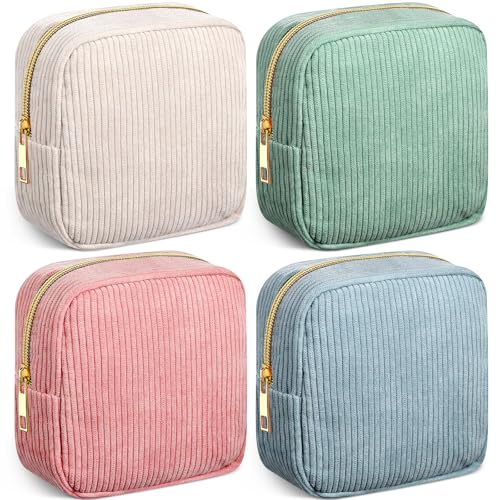 Image of Dansydaisy 4 Pcs Sanitary Napkin Storage Bag Blue Corduroy Period Bag for Gift School Teen Makeup Mini Preppy Cosmetic Wallet Set for Women Teacher Portable First Period Cute Pad Pouch with Zipper