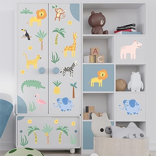 Image of Safari Jungle Animals Wall Stickers for Kids Room Nursery - Peel and Stick Colorful Wildlife Decals - Removable Vinyl Wall Art for Bedroom Playroom Home Decor - Adventure Animal Stickers