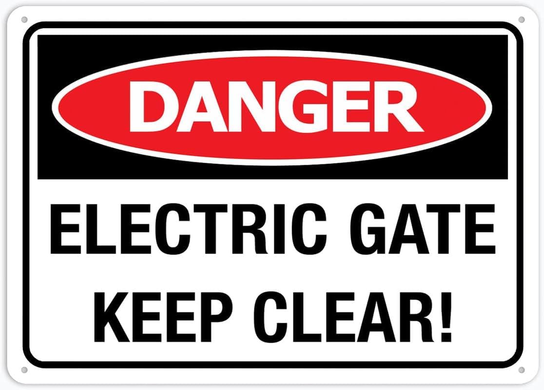 Danger Electric Gate Keep Clear Rust Free Aluminum Tin Sign - Warning Decor with Pre-Drilled Holes for Indoor-Outdoor Home Gate, Community Entrance, Commercial Lot - 8x12 Inch​